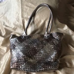 Elliott Lucca “Habana” collection woven leather multicolored metallic tote
